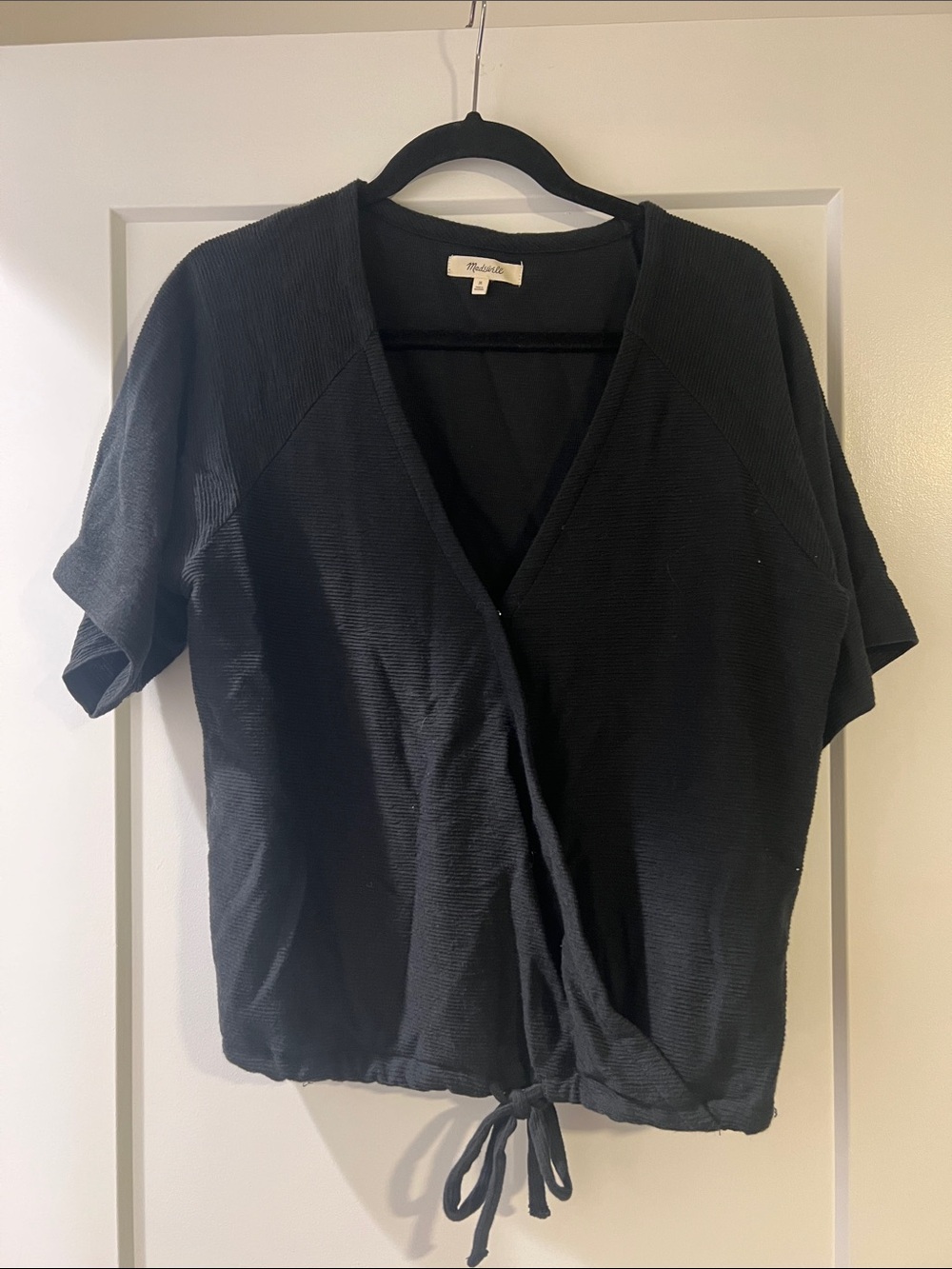 Madewell Texture & Thread Wrap Top Black Short Sleeve